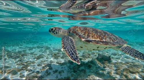 Graceful Sea Turtle Swimming Through Crystal-Clear Tropical Waters

