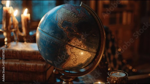 Vintage Globe with Candlelight and Old Books – Classic Study Room Scene for Exploration and Knowledge Themes

