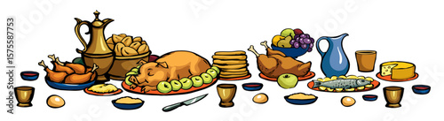 Vector drawing. Tasty food feast