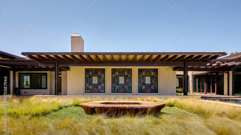 Modern stucco house exterior with stained glass windows and outdoor seating area. Modern stucco house exterior with stained glass windows and outdoor seating area.