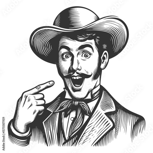 surprised cowboy with a mustache, wide-brim hat, and expressive gesture pointing at himself sketch engraving generative ai fictional character vector illustration. Scratch board. Black and white.