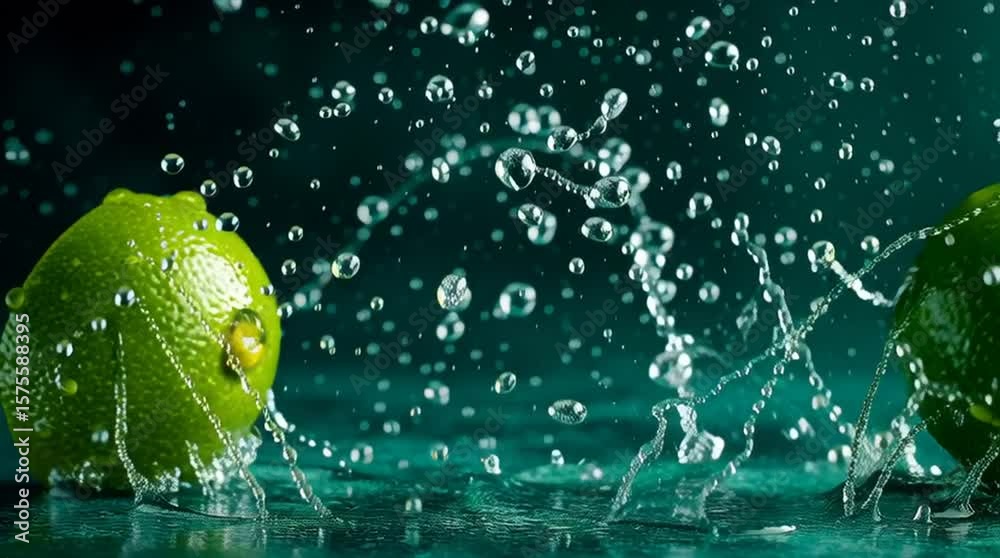 two fresh lime halves splashing in water, high speed macro photography, water droplets flying, crisp lighting, dark green background, vibrant green citrus fruit, refreshing.
