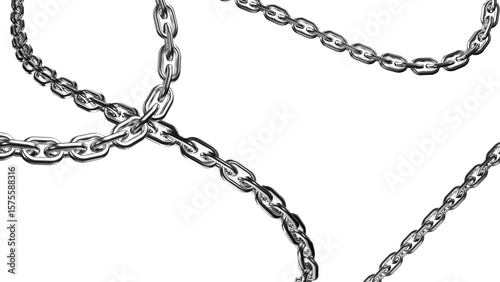 Gleaming metal chains cascade across a black backdrop, creating a stark yet elegant display of interconnected links and industrial strength, transparent background