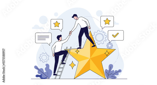Achieving mutual success through collaborative effort reaching the peak of achievement together