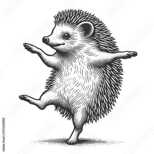 Dancing Hedgehog sketch engraving generative ai vector illustration. Scratch board imitation. Black and white image.