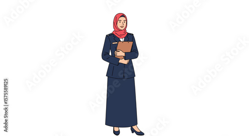 Professional muslim woman in a suit holding a tablet computer standing confidently