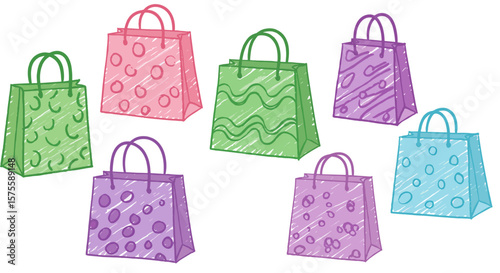 Cheerful hand-drawn crayon collection of pastel shopping bags — colorful doodle naive kids style on transparent background for discounts, sales, shopping, and Black Friday design themes

