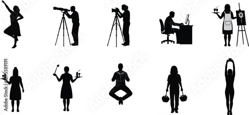 A collection of silhouette figures engaged in various activities on a white background