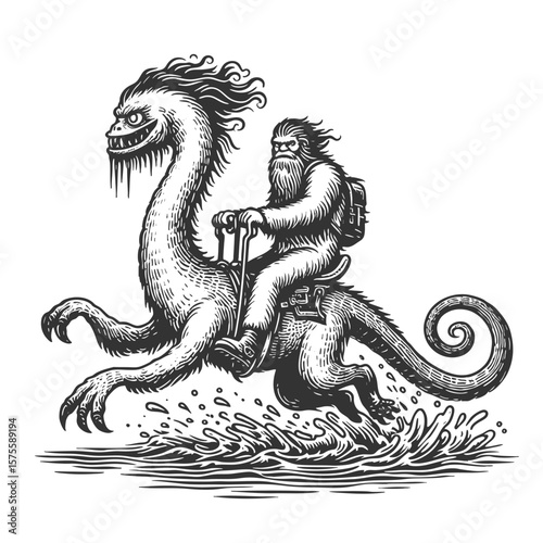Bigfoot riding a bizarre, dragon-like sea creature across water in a whimsical fantasy scene sketch engraving generative ai vector illustration. Scratch board imitation. Black and white image.