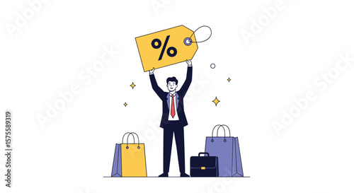 Man celebrating a successful discount shopping trip with percentage tag