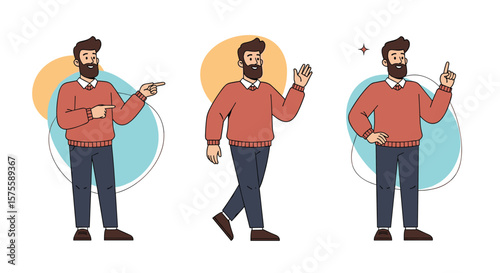 Illustrations of a bearded man in a sweater showing different gestures and poses