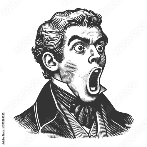 man with an open mouth and bulging eyes, expressing shock or horror in dramatic fashion sketch engraving generative ai vector illustration. Scratch board imitation. Black and white image.
