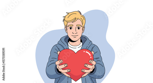 Young man holding a large red heart showing love and care