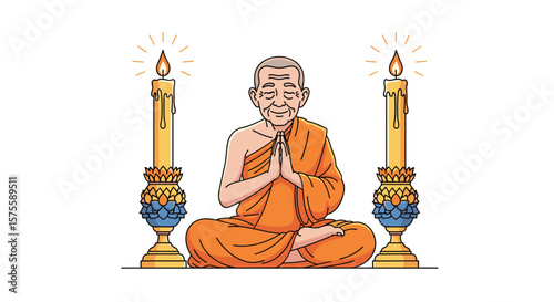 An old buddhist monk meditates calmly between two golden candles in a peaceful serene spiritual setting