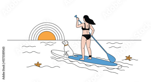 Woman enjoying paddleboarding on a tranquil ocean at sunrise with stylized sun and waves
