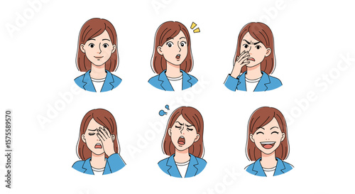 Diverse emotional expressions of a woman in business attire demonstrating various feelings
