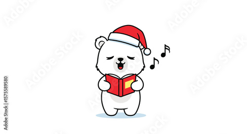 Adorable polar bear in santa hat singing christmas carols from a book