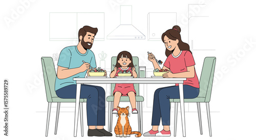 Family enjoying a meal together at the dining table with a cat
