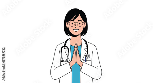Friendly doctor with stethoscope welcomes patients with namaste gesture