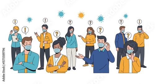 Diverse people wearing face masks discussing pandemic concerns amidst viral spread