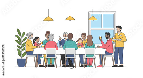Diverse group of people enjoying a festive meal together around a large table