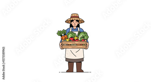 Farmer holding a wooden crate filled with fresh ripe organic vegetables and fruits healthy food concept illustration