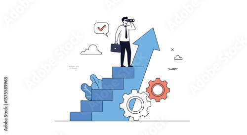 Man climbing stairs looking through binoculars towards an upward arrow symbolizing business growth and achievement