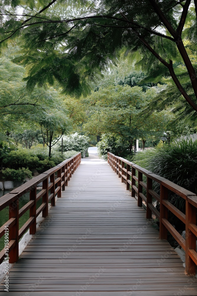 Fototapeta premium Tranquil wooden bridge in lush green park landscape