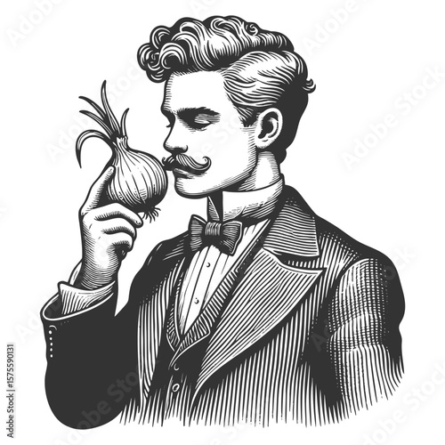 serious man in formal suit and mustache deeply contemplating an onion in his hand sketch engraving generative ai fictional character vector illustration. Scratch board imitation. Black and white image