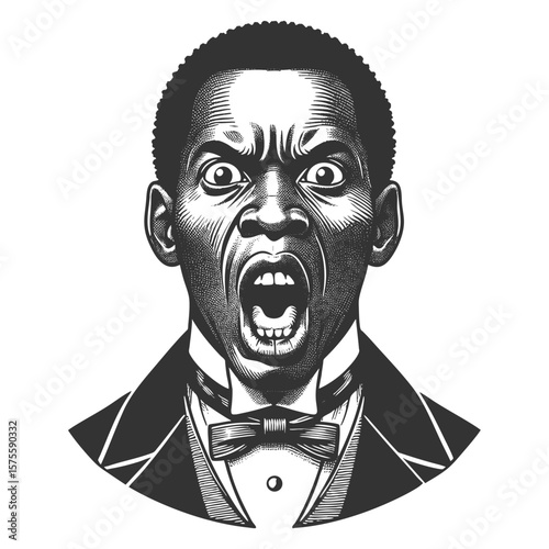 man in a bow tie and suit with an exaggerated open-mouthed expression of surprise or shock sketch engraving generative ai fictional character vector illustration. Scratch board. Black and white image.