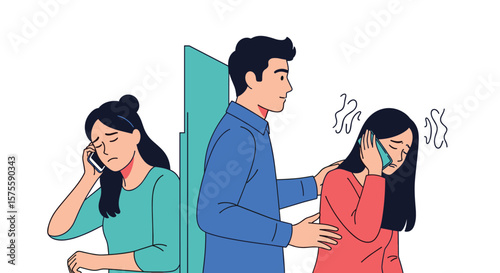 Man comforts distressed woman phone call sadness distress relationship problems