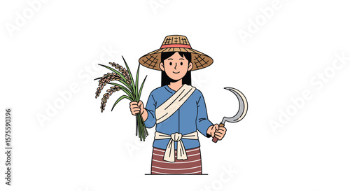 Asian farmer with sickle and rice harvest wearing traditional hat and blue shirt