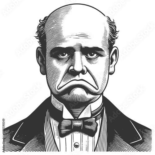 grumpy-looking Victorian man in a suit and bow tie with exaggerated frown sketch engraving generative ai fictional character vector illustration. Scratch board imitation. Black and white image.