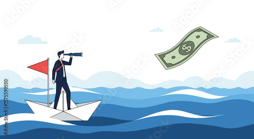 Businessman on paper boat searching for money floating in the ocean with spyglass