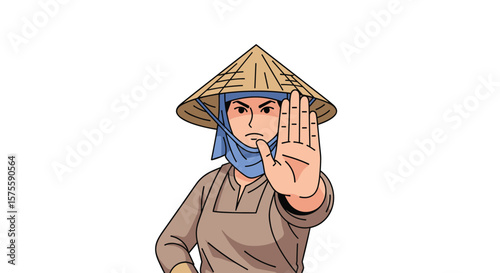 A person in a conical hat raises their hand to signal a stop gesture while looking directly forward