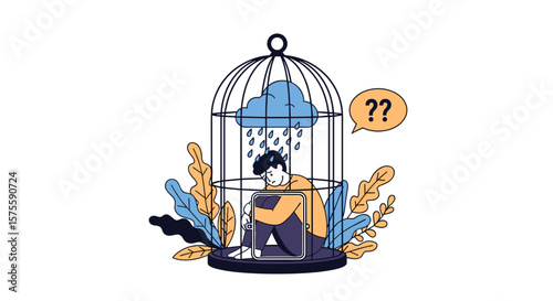 Man feeling trapped inside a birdcage with a sad cloud and question marks illustrating confusion and helplessness