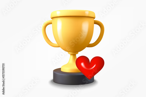 Golden trophy icon with red heart. New achievement concept. 3d vector icon