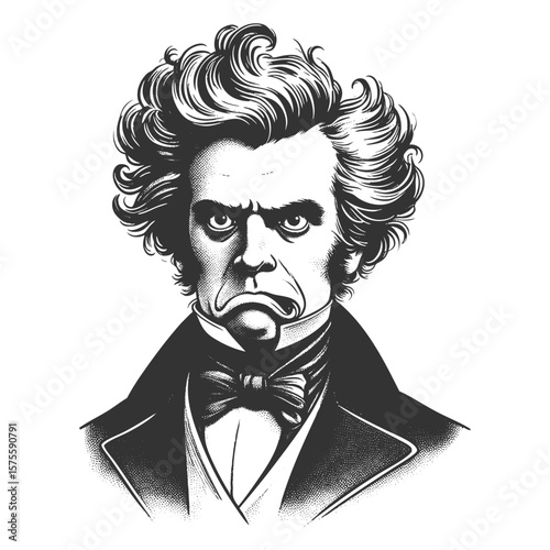 furious man with disheveled hair, clenched mouth, and intense stare, wearing formal vintage clothing sketch engraving generative ai vector illustration. Scratch board. Black and white image.