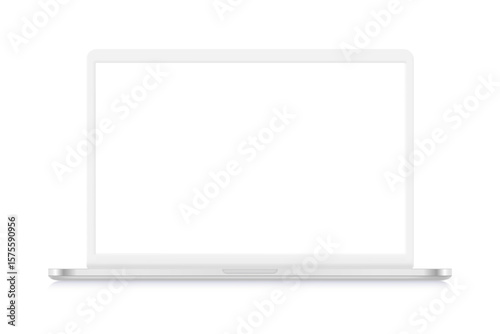 White laptop with white screen isolated on white background. 3d vector mockup