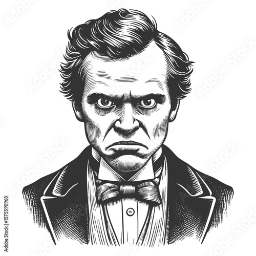 grumpy-looking Victorian man in a suit and bow tie with exaggerated frown sketch engraving generative ai fictional character vector illustration. Scratch board imitation. Black and white image.