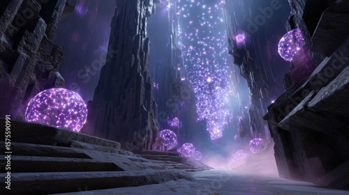 Glowing Purple Spheres in a Mystical Stone Cave