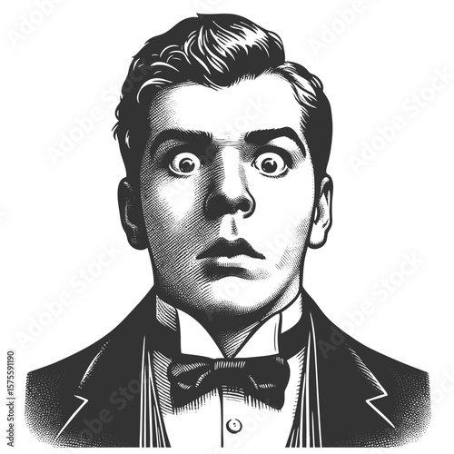 surprised Victorian gentleman with wide eyes and formal attire, expressing shock or disbelief sketch engraving generative ai fictional character vector illustration. Scratch board. Black and white.