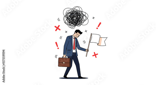 Business man overwhelmed by stress and confusion with difficulties in workplace organization tasks