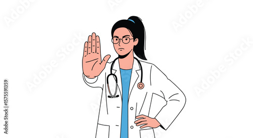 Doctor woman holding out hand in stop gesture signaling a medical restriction or warning to patients about their health condition