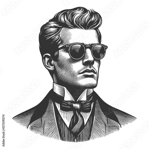 stylish man with slick hair, mustache, sunglasses, and vintage clothing in a confident pose sketch engraving generative ai fictional character vector illustration. Scratch board. Black and white.