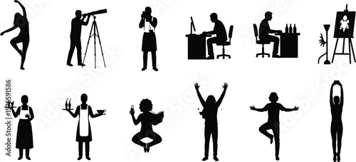 Silhouette illustrations of diverse activities and professions on a white background