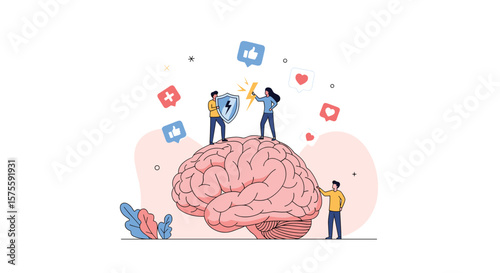 Mental health awareness social media engagement on digital brain illustration