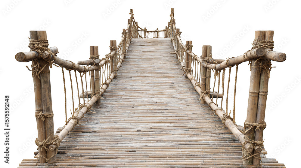 Obraz premium An adventurous bamboo bridge extends into the distance, showcasing rustic charm and craftsmanship against a clean transparent backdrop.