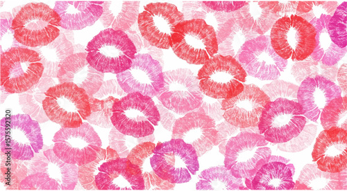 Seamless pattern of vibrant lipstick kisses in various shades of pink and red