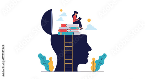Open mind with books learning knowledge personal growth brain illustration